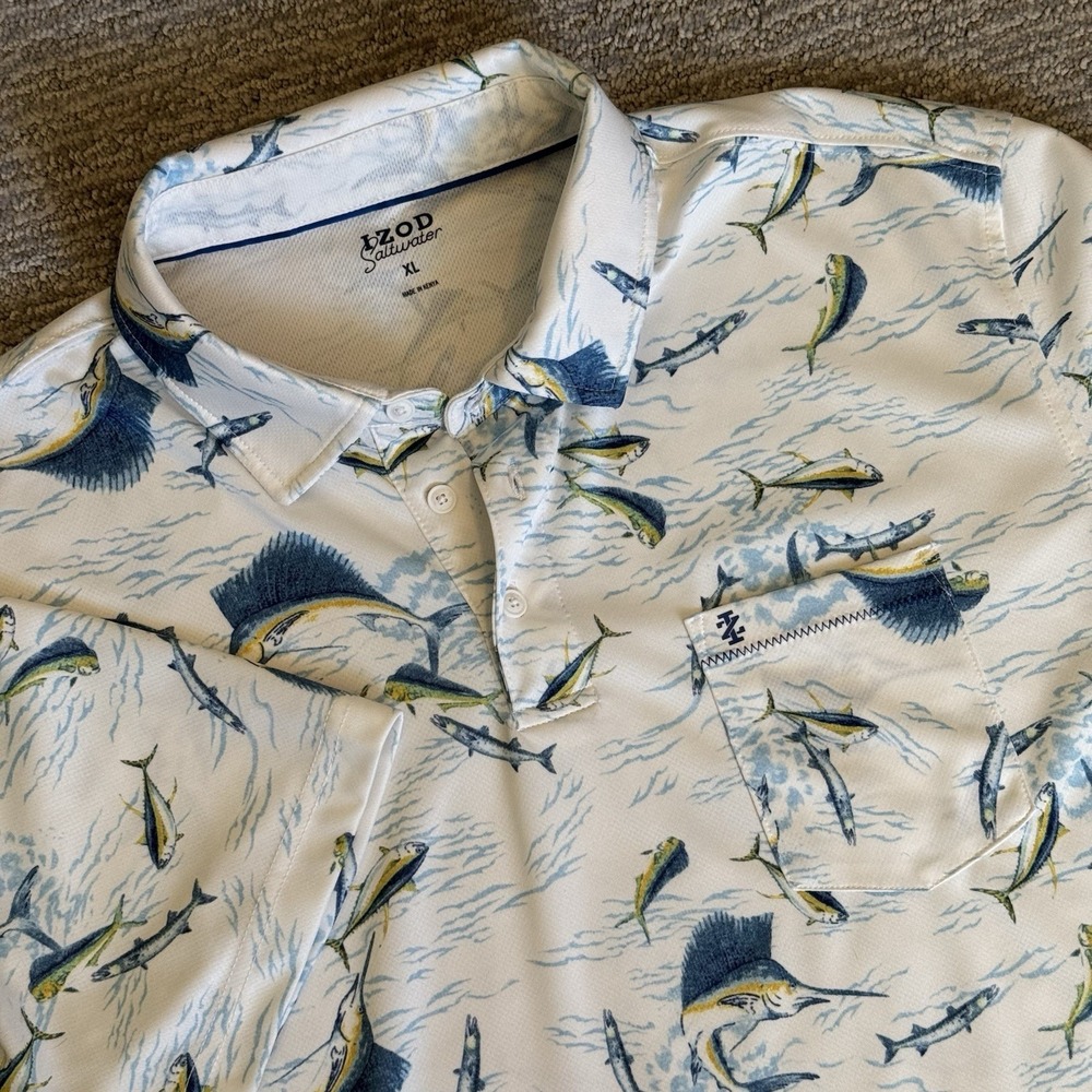 Izod Saltwater Polo Shirt Mens XL Blue Marlin Fishing Resort Wear Coastal Casual